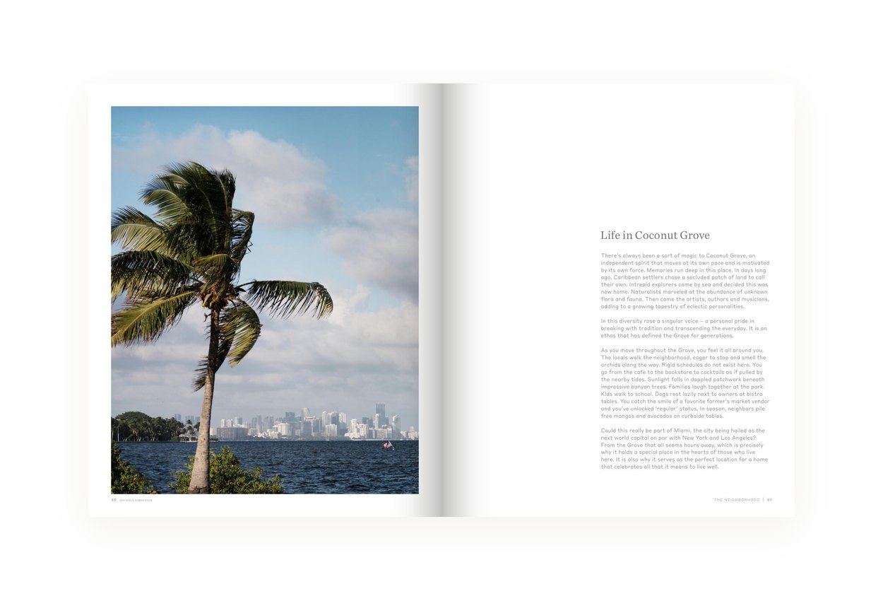 Brochure spread with a palm against the Miami skyline and Life in Coconut Grove text