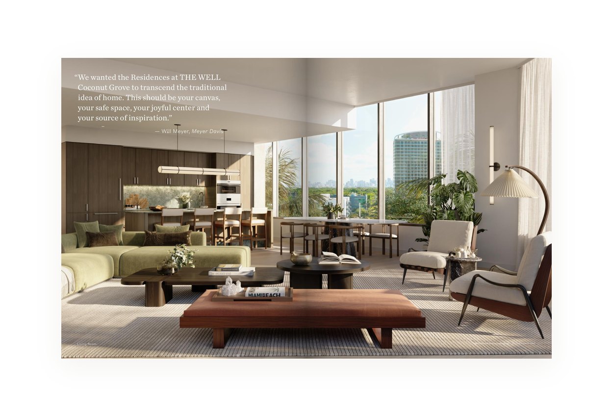 Brochure spread showing a residence interior with a designer quote