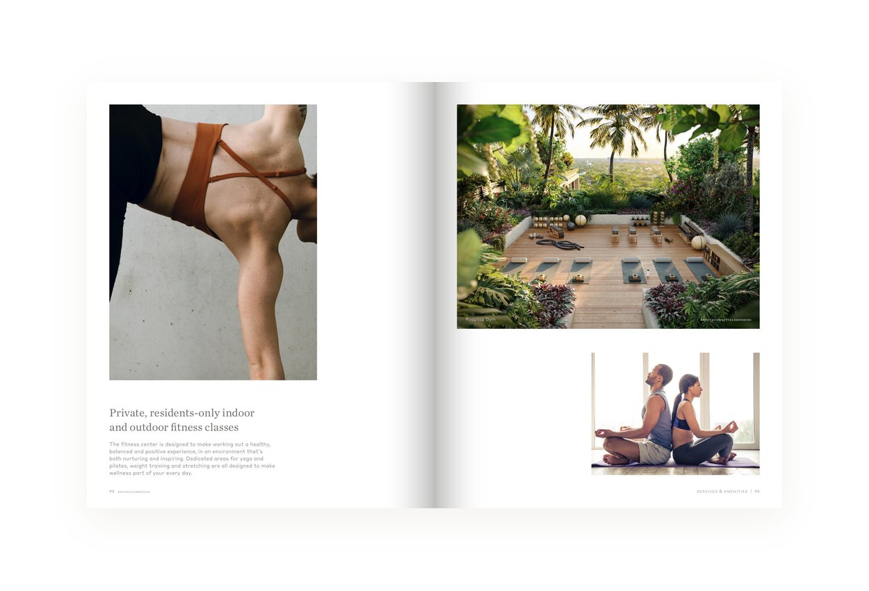 Brochure spread showing fitness and outdoor wellness spaces