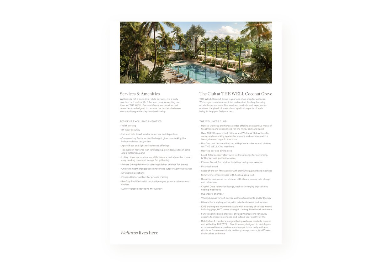 Fact sheet spread showing the rooftop pool deck under palms